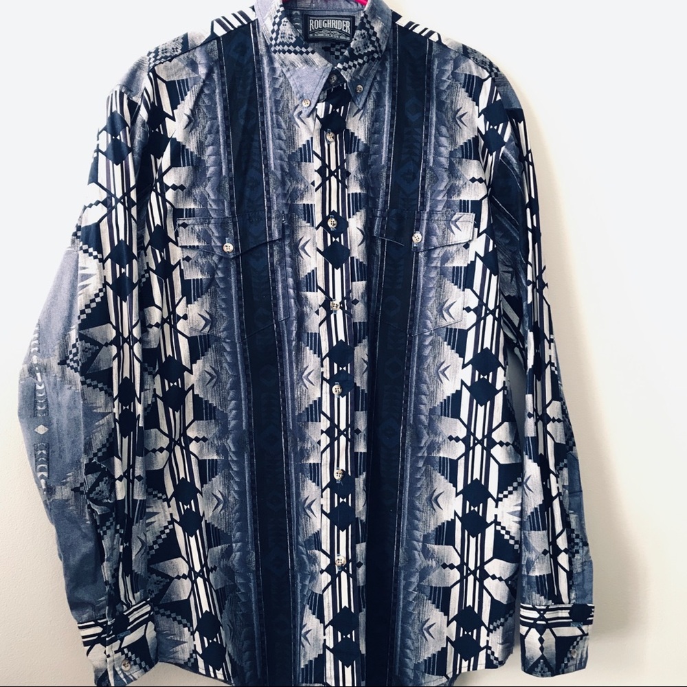 Roughrider Vintage Native American Blue Print Shirt